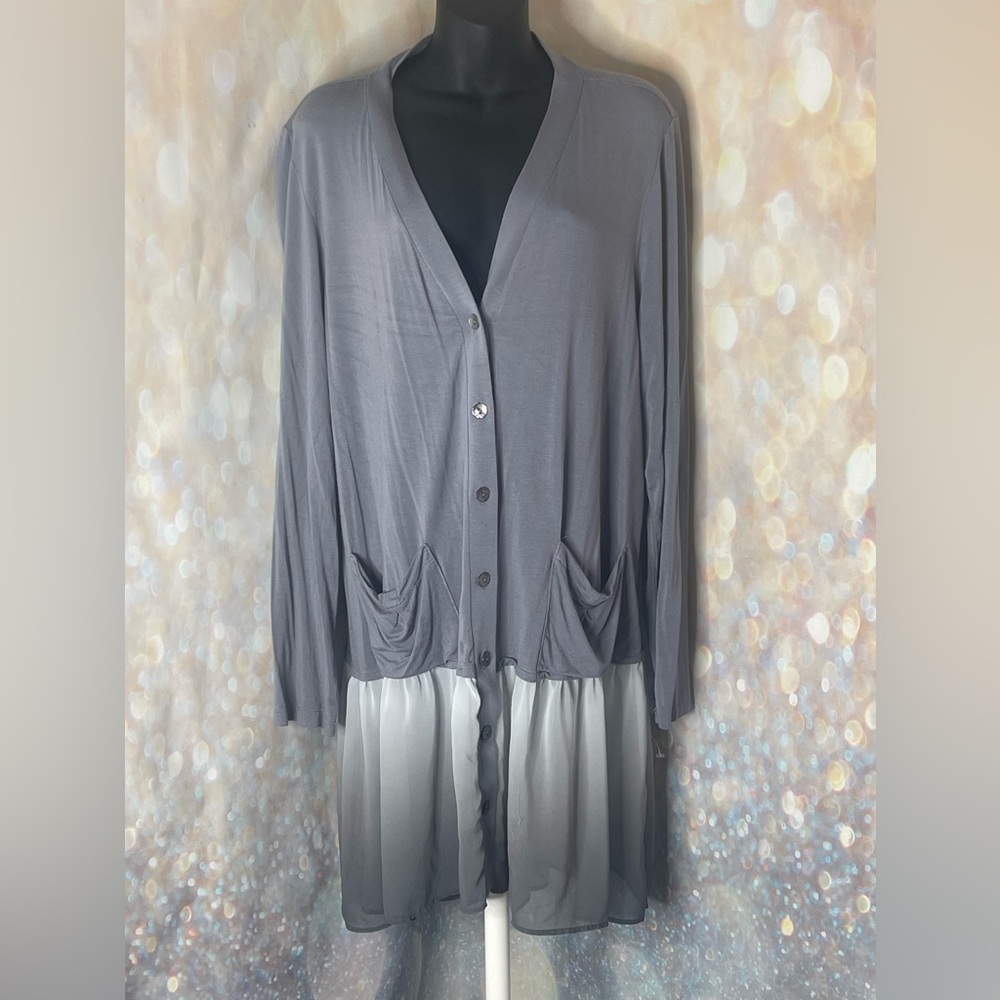 LOGO Lori Goldstein Cardigan XL Gray Ruffle Hem Long Sleeve Boho Womens